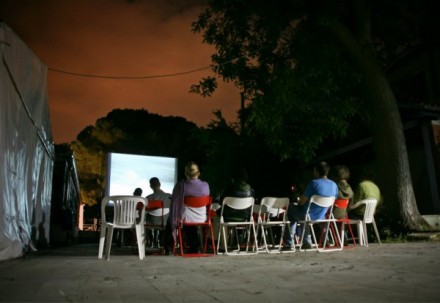 the smaller of the two outdoor screens at Kino Otok : 'Video on the Beach'
